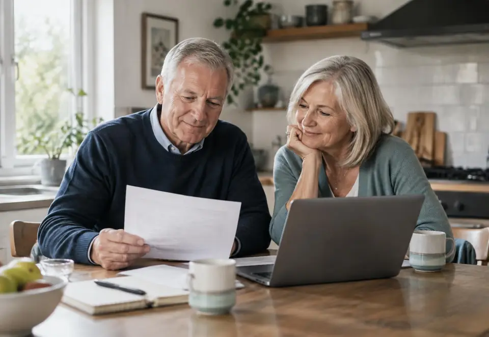 An older couple reviewing paperwork together at their kitchen table